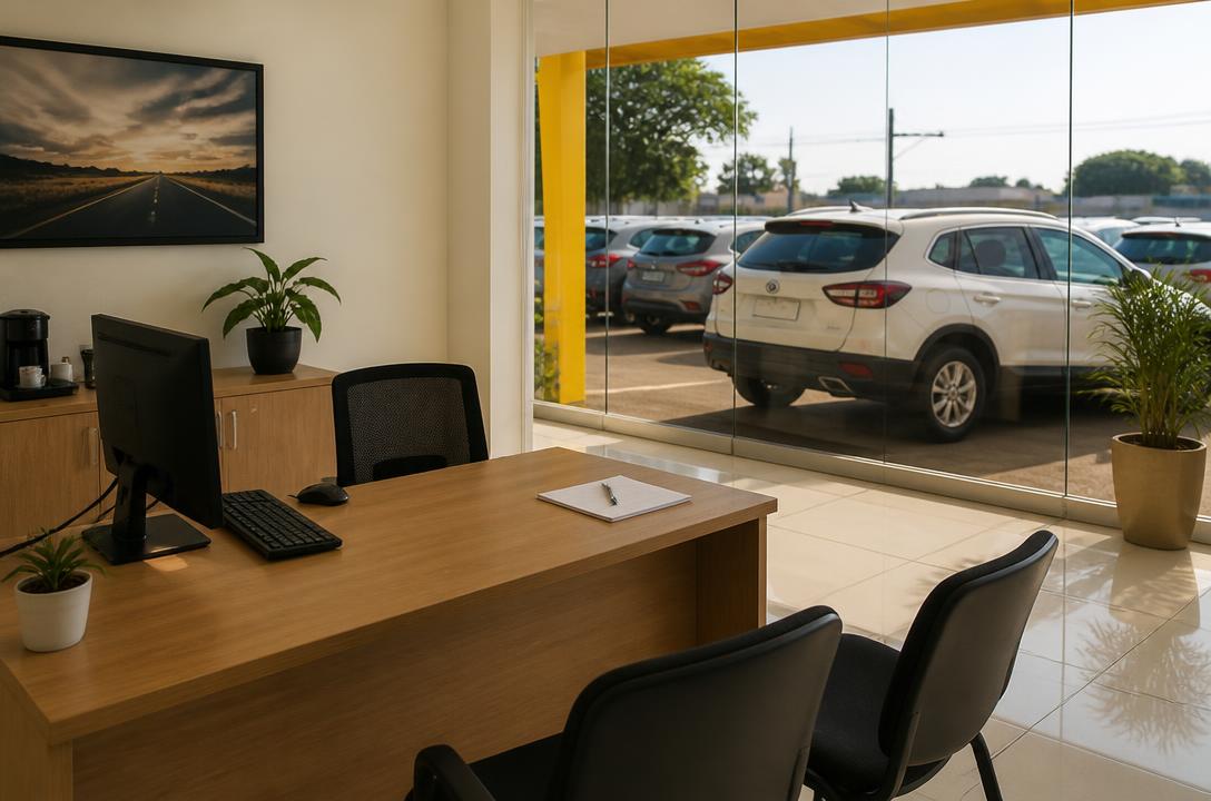 Interior da loja da Broker Veículos com vista para o pátio